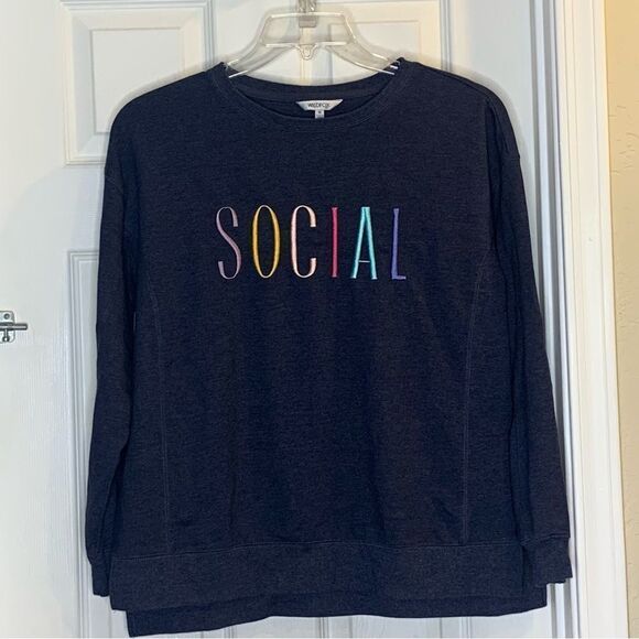 Wildfox Statement Sweatshirt Navy Social Embroidered Size Medium - Picture 1 of 9